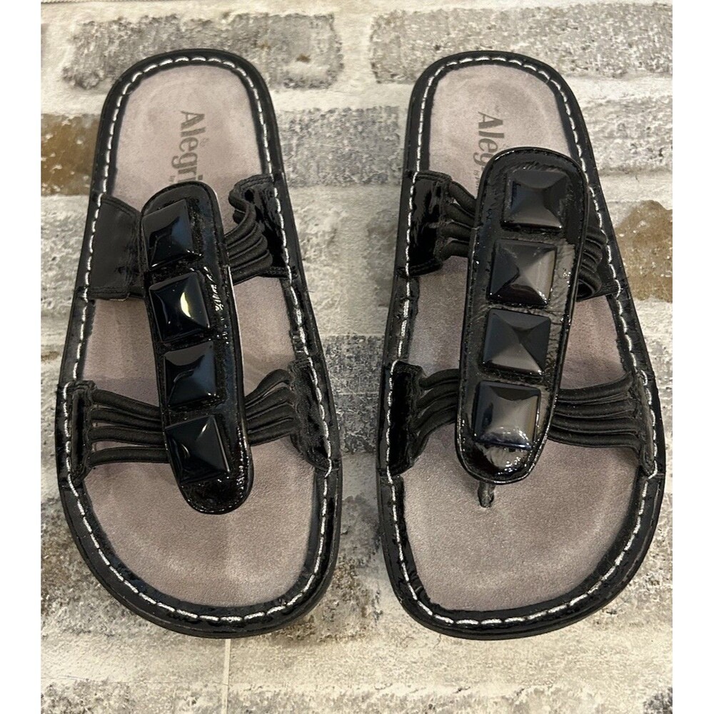 Alegria Pis-101 Black Patent Leather Slip On Thong Sandals Women’s EU37 US7-7.5